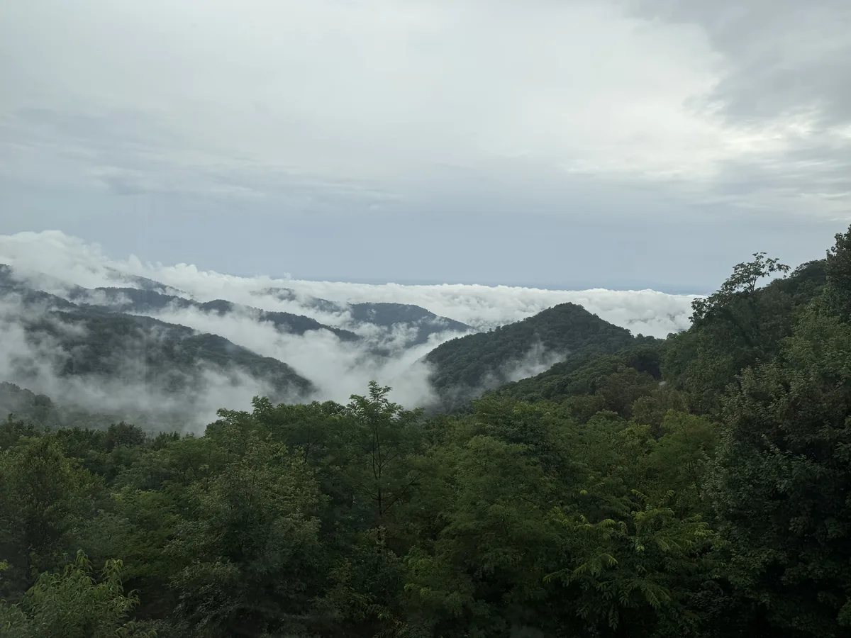 Morning fog settling between green mountain ridges in western North Carolina