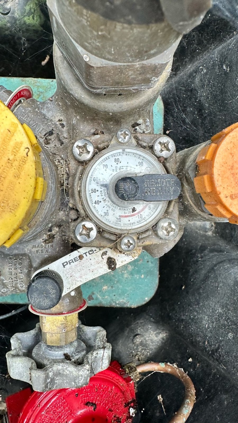Close-up of the fuel-level gauge on a propane tank.
